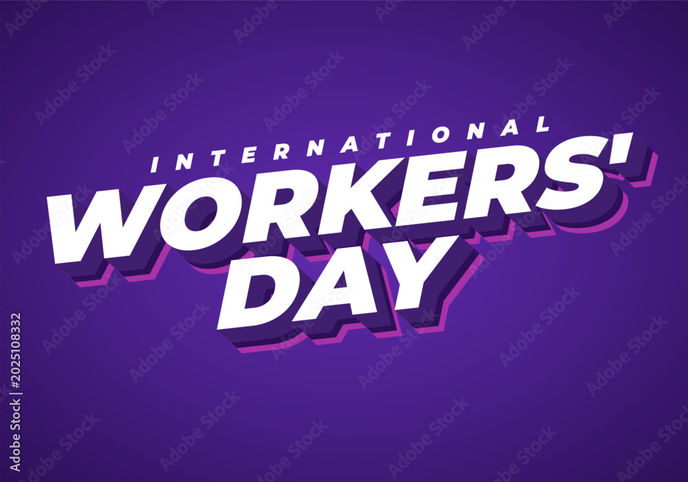 Fototapeta premium Bold 3d text reading International Workers Day on a purple gradient background, white and pink shadowed lettering, dynamic perspective