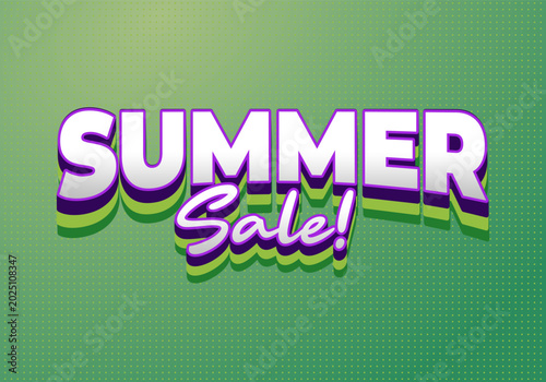 Retro 3d typography banner reading summer sale! on green dotted background, promotional discount advertisement, vibrant pop art style.