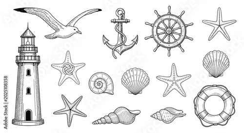 Set of vintage nautical elements including a lighthouse and anchor with seashells for maritime themed design.