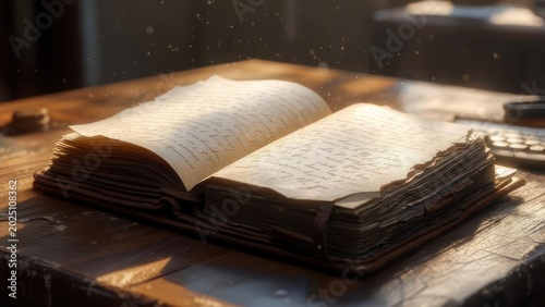 Open aged book on wooden table