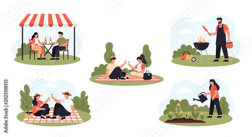 Set of people enjoying outdoor activities like picnics under a tent and gardening in a lush green park.
