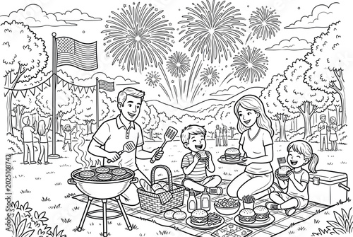 Black and white coloring page of a family having a picnic and barbecue in a park with fireworks in the sky for independence day