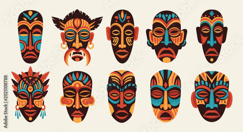 Collection of ten vibrant tribal masks shows diverse patterns and colors inspired by African and indigenous cultures and traditions.