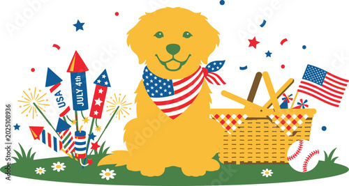 Golden retriever dog wearing an american flag bandana with fireworks and a picnic basket for independence day celebration