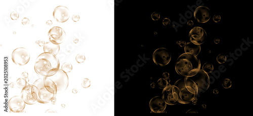 Golden soap bubbles floating on black and white backgrounds, elegant champagne bubbles texture, luxury liquid spheres for celebration design