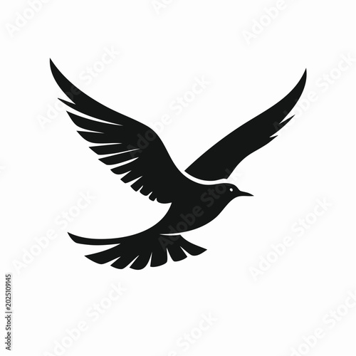 Silhouette of a black bird in flight with wings spread wide against a clean white background