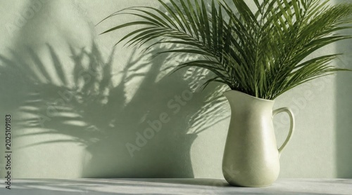 Billede på lærred Palm leaves in a pale green ceramic pitcher casting a shadow on a textured green wall, creating a tranquil and natural interior scene