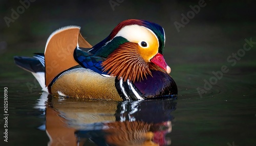Vibrant Mandarin Duck Floating on Calm Dark Water