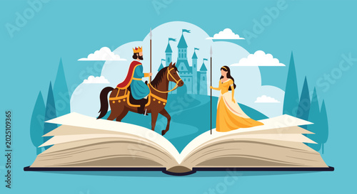 Magical scene featuring a king on a horse and a princess standing before a castle emerging from an open storybook.