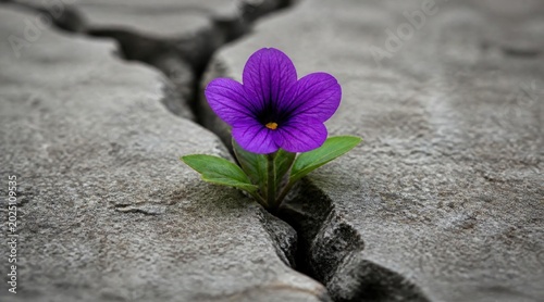 Resilience: Vibrant Purple Flower Grows Through Crack in Dry, Grey Rock Surface