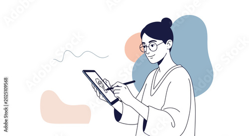 Artist drawing on tablet, creative digital illustration, modern minimalist style.