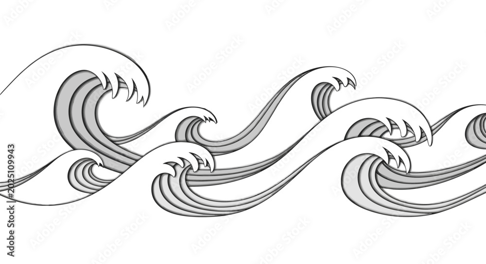 Fototapeta premium Graphic illustration of large stylized ocean waves in grayscale with clean lines and layered shadows for a decorative sea effect.