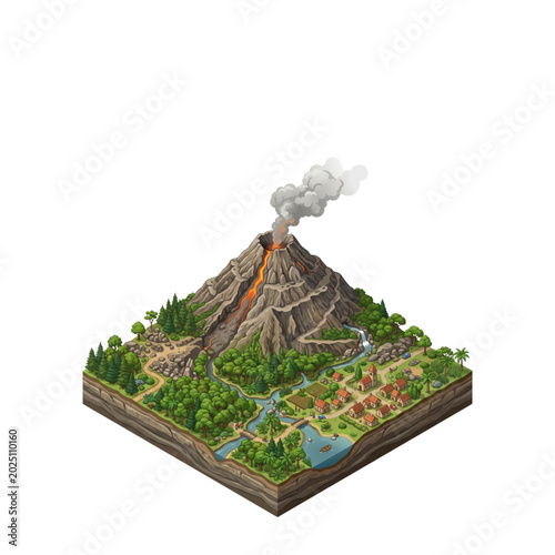Isometric landscape illustration depicting an erupting volcano a peaceful village and lush forests suitable for game environments or educational maps