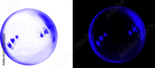 Fotografie Luminous blue soap bubble set, iridescent glass spheres on white and black backg