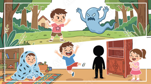 Tableau sur toile Vector Illustration of Kids Playing, Pretending with Ghosts, and Having Fun in Different Poses
