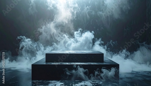 Dark Smoky Podium Standing Under Spotlight in Moody Studio