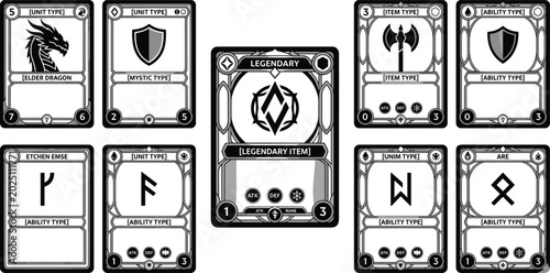 Canvas Print Black and white fantasy trading card vector templates with runic symbols shields