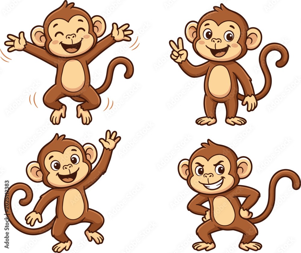 Naklejka premium Vector Illustration of Cute Monkeys in Different Poses with Happy and Playful Expressions.