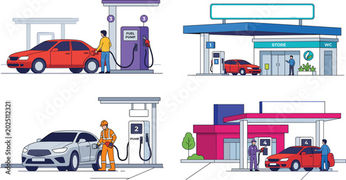 Foto Vector Illustration of Gas Stations with Cars Being Refueled and Service Attendants in Different Scenes