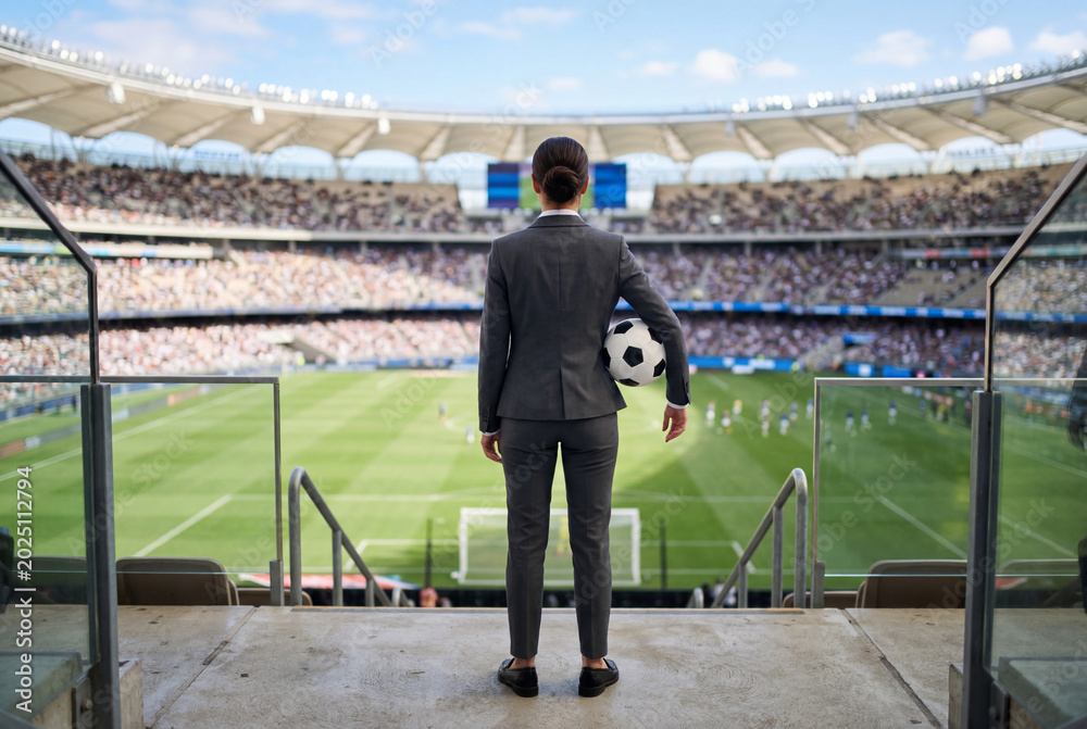 Fototapeta premium Businesswoman holding soccer ball in empty stadium