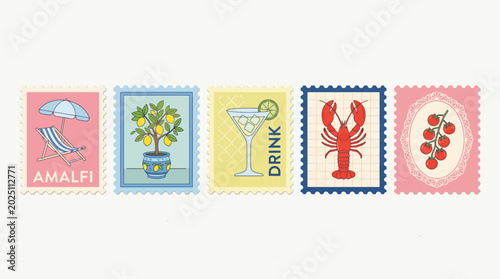 Five vintage illustrated stamps featuring Amalfi coast motifs: seaside parasol, lemon tree, drink glass, lobster, and pomegranate in bright retro colors.