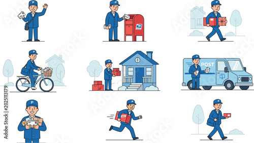 Tableau sur toile Vector Illustration of Postman Delivering Mail by Foot, Bike, and Truck with Various Delivery Scenes
