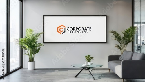 Modern office space interior with a large framed graphic