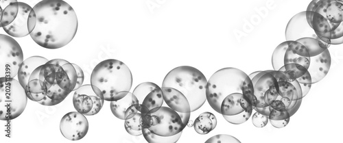 Transparent water bubbles on white background, floating liquid spheres in motion, abstract soap suds and clear oxygen droplets for cosmetic design