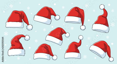 Collection of red and white santa claus hats in different positions and shapes against a blue snowy background.