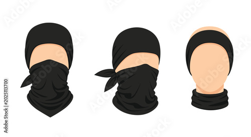 Different ways to wear black neck gaiters or buff masks shown on human heads for protection and outdoor sports.