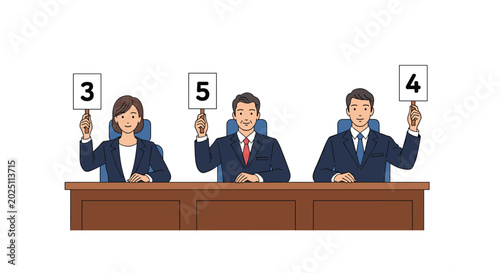 Three judges sitting at a wooden table holding up scorecards with numbers during a formal competition or event.
