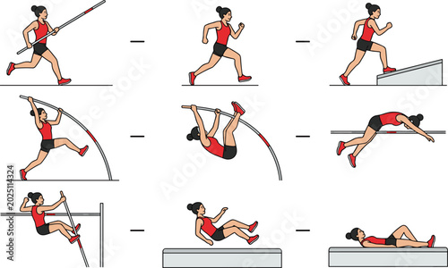 Photos Vector Illustration of Female Athlete Performing Pole Vault Event in Various Stages of the Jump