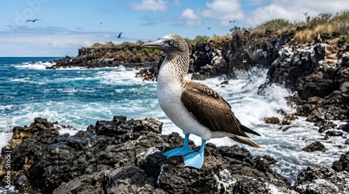 Blue-footed booby perched on volcanic rocks by the sea in the galapagos islands with blue feet marine bird wildlife photography animal portrait unique animal national park travel destination