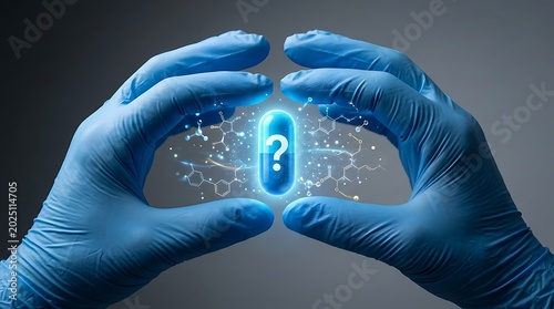 Scientist hands protecting a glowing pill hologram with question mark symbolizing experimental pharmacology mysteries
