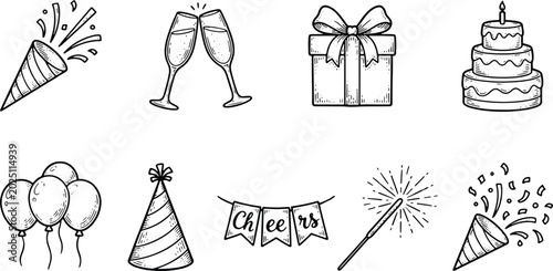 Vintage party celebration icons collection featuring festive decorations cakes gifts and confetti illustrations