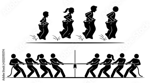Принти на полотні Children and adults engaging in sack race and tug-of-war