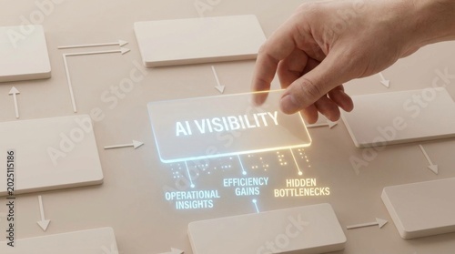 Hand pressing visibility button to activate ai system that reveals insights and enhances workflow management