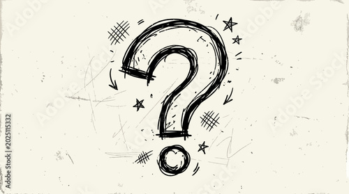 Tablou pe pânză Hand-drawn question mark doodle with arrows and stars on textured background