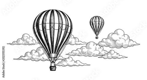Vintage style hand drawn illustration of two striped hot air balloons floating among a series of fluffy, detailed clouds.