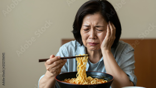 Displeased Diner: An Asian woman with a pained expression struggles to eat a bowl of instant noodles, her face contorted in discomfort.
