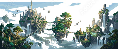 Bild auf Leinwand Fantasy floating island kingdom vector illustration with sky bridges waterfalls