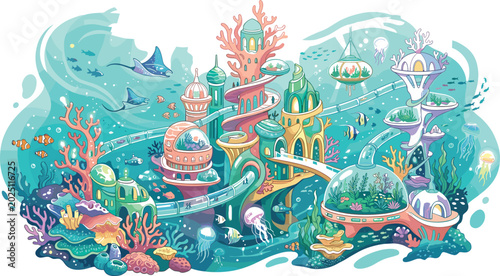 Bild auf Leinwand Fantasy underwater civilization vector illustration with coral architecture mari