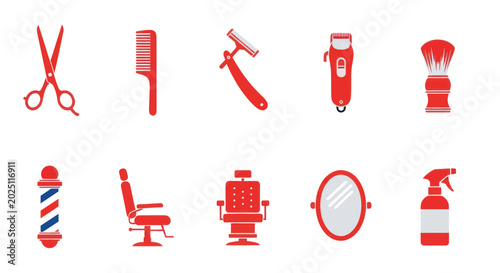 Schilderij op canvas Barber Shop Tools and Equipment Icons Set - Red Color Palette
