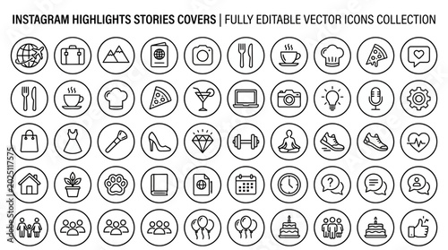 Instagram Story Highlight Icons: Travel, Food, Fashion, Business, Lifestyle Vector Icons