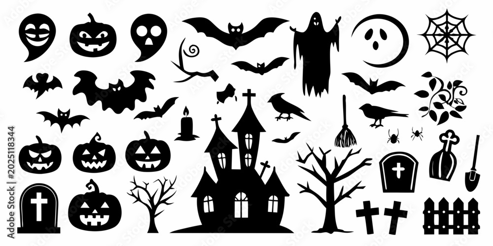 Obraz premium halloween silhouettes collection with bats pumpkins and haunted house