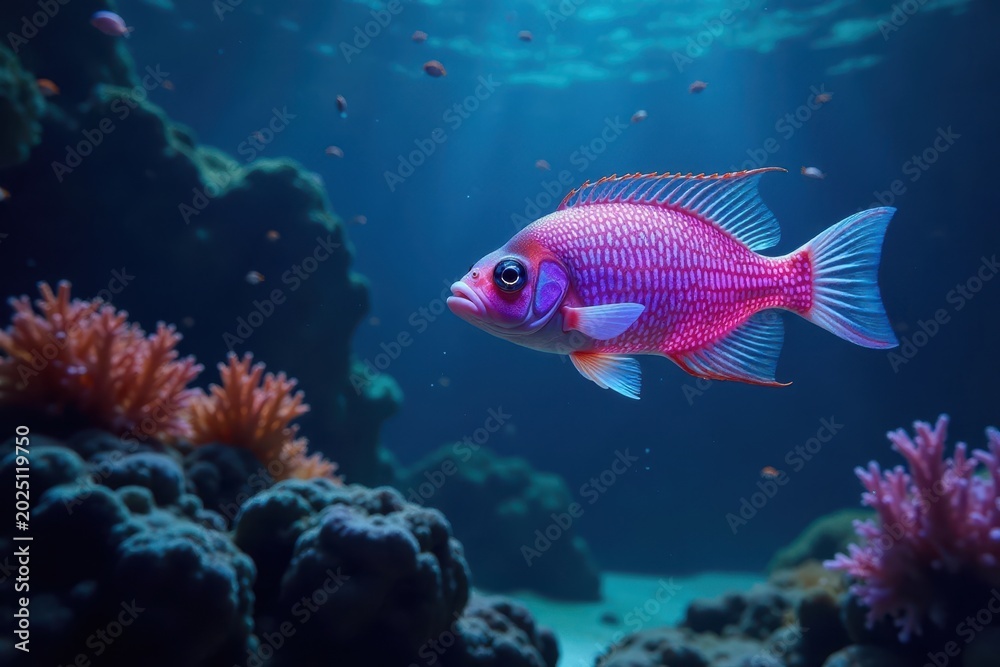 Fototapeta premium Bioluminescent fish swim under glowing sea fans, glowing sea fans, moonlight