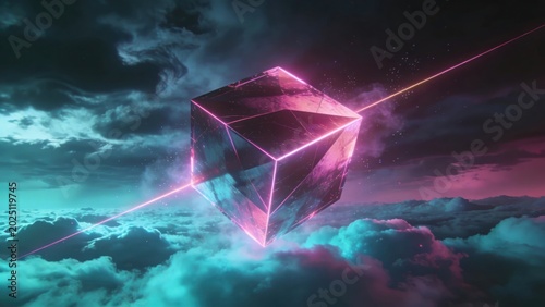 Glowing Geometric Cube Levitating in Abstract Cosmic Cloudscape with Neon Light Beams