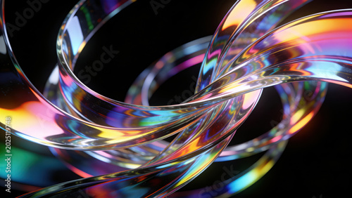 Abstract Swirling Glass Ribbons with Rainbow Refractions on Black Background