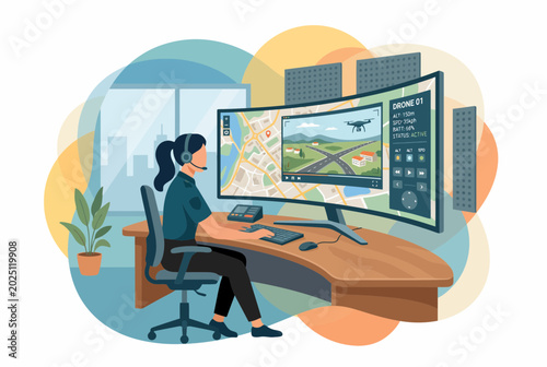 Female Emergency Dispatcher Working at Control Room Workstation