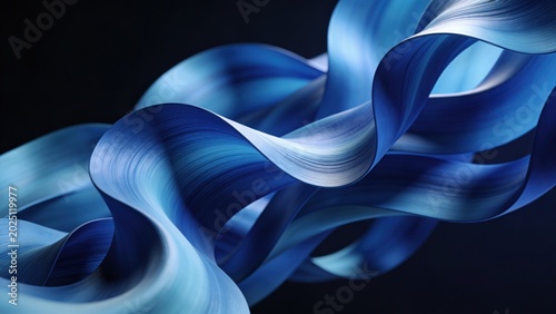 Abstract blue flowing ribbon with textured surface against dark background, dynamic fluid motion and elegant curves, rendering